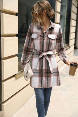 ZARA Elegant Womens Long Sleeve Striped Plaid Dress Coffee Pink Autumn Winter